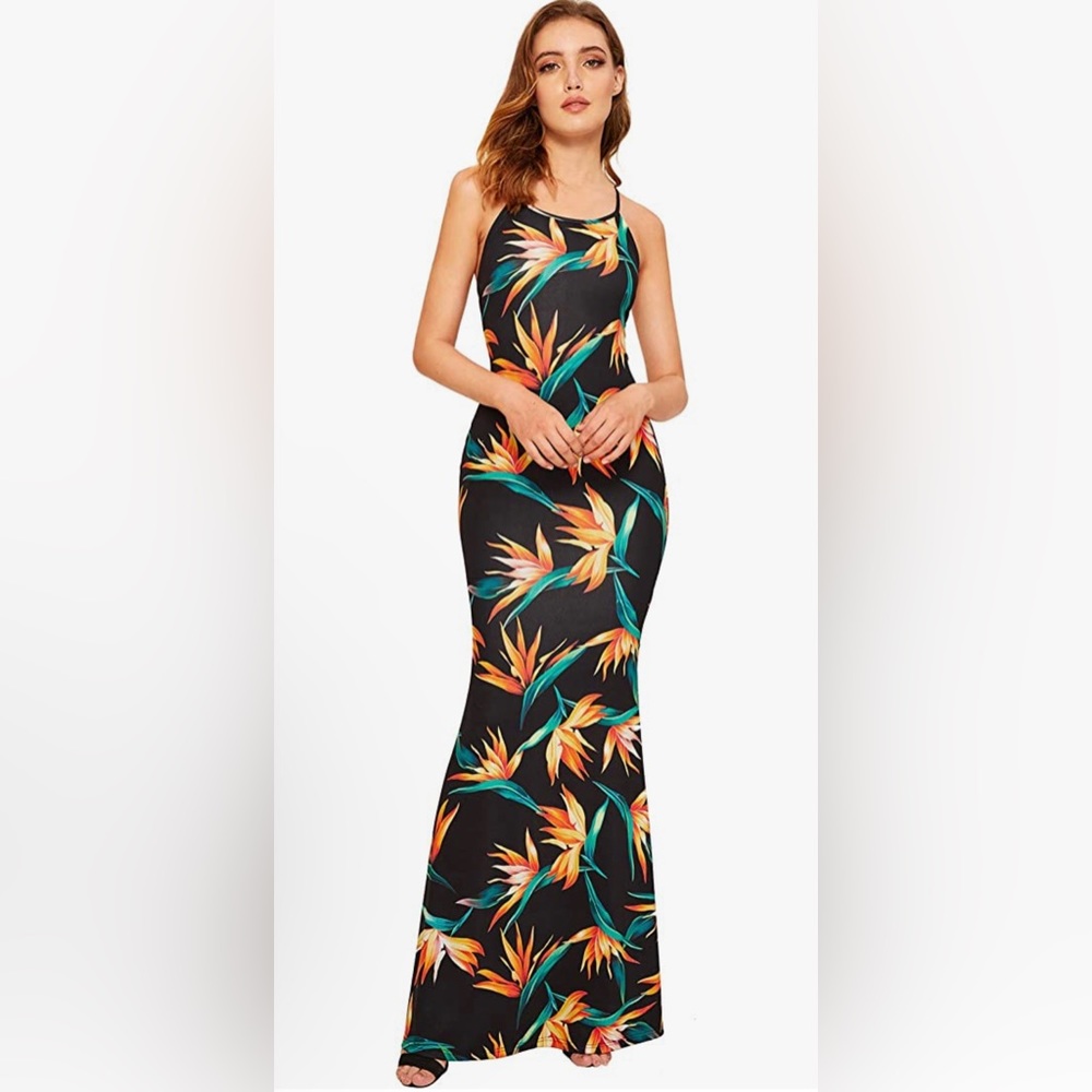 Birds of Paradise Black Bodycon Maxi Dress Size Tie Back Worn Once in Hawaii